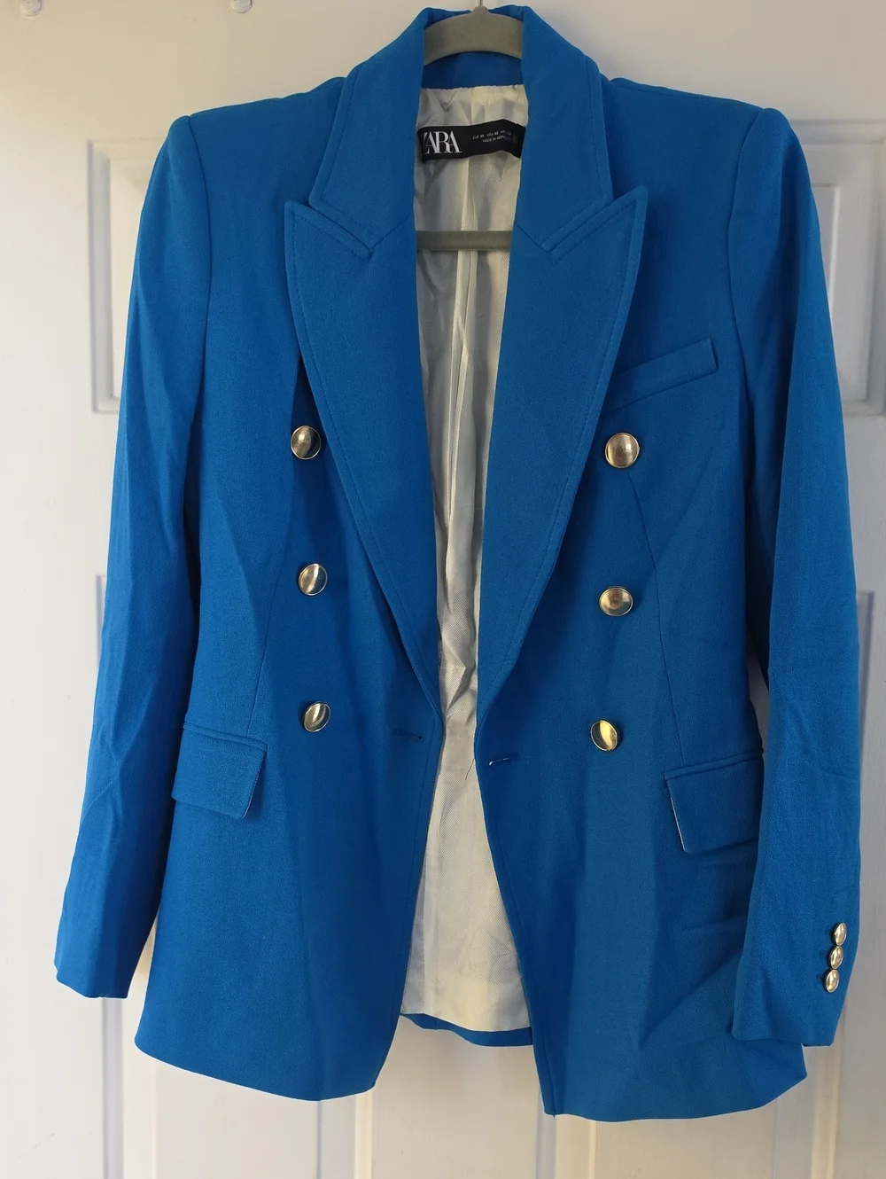 RARE ZARA BLUE DOUBLE BREASTED JACKET BLAZER GOLD BUTTONS